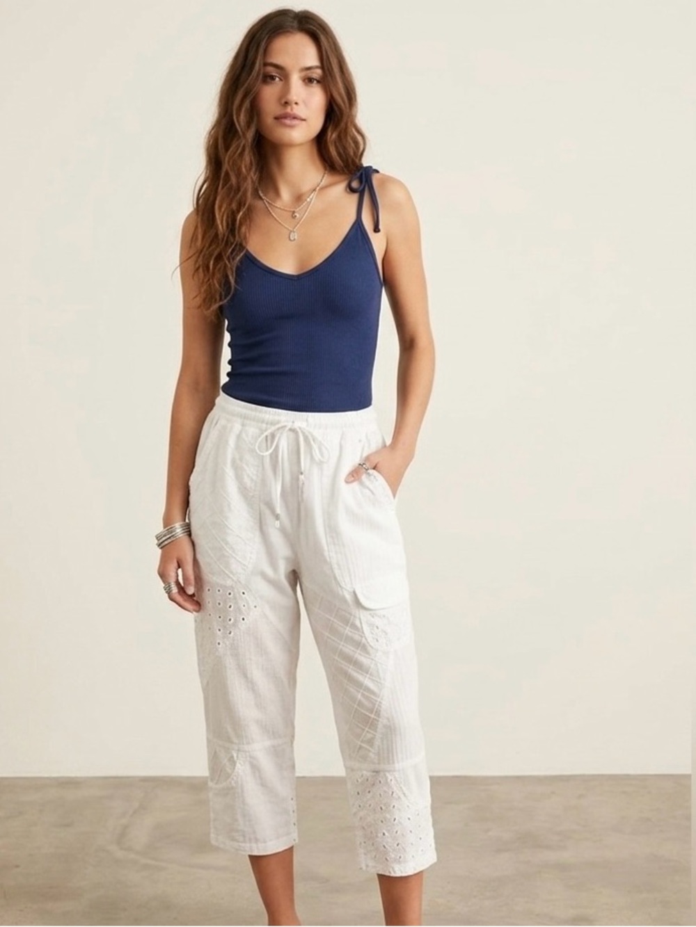 Sacred Threads Vintage 90’s White Patchwork Drawstring Cropped Pants